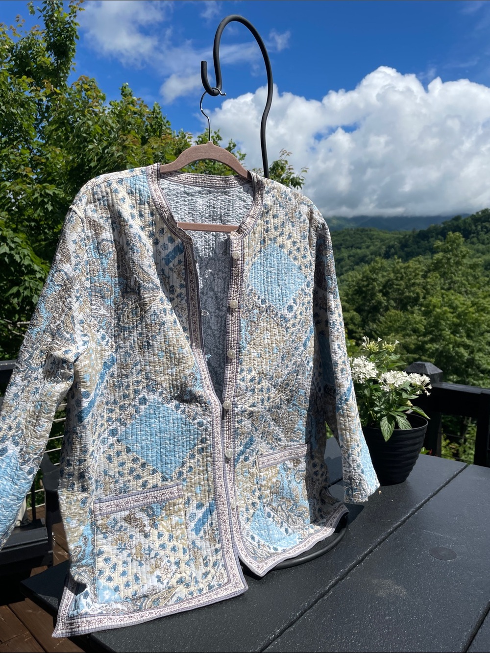 Boutique Quilted Tunic Jacket in Light Blue, Cream, Tan Accents